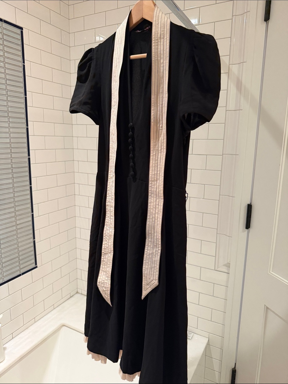 Betsey Johnson Black Short-Sleeve Wrap Dress with Striped Tie some pilling - Picture 2 of 5